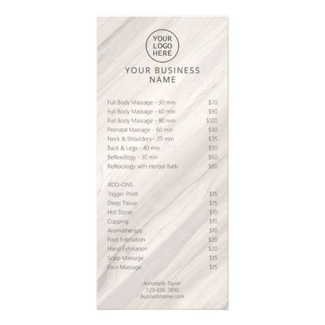 Natural Spa Salon Price List Rack Card (Front)