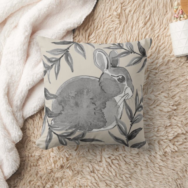 Natural Tan Bunny Rabbit Neutral Grey Watercolor Cushion (Blanket)
