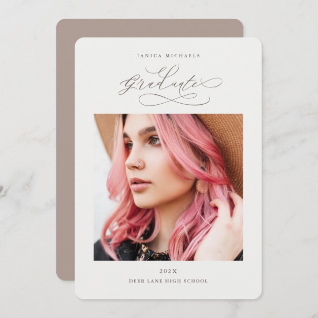 Natural Taupe Graduate Two Photo Graduation Party Invitation (Front/Back)