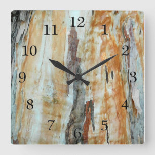 Natural tree bark colourful orange and grey square wall clock