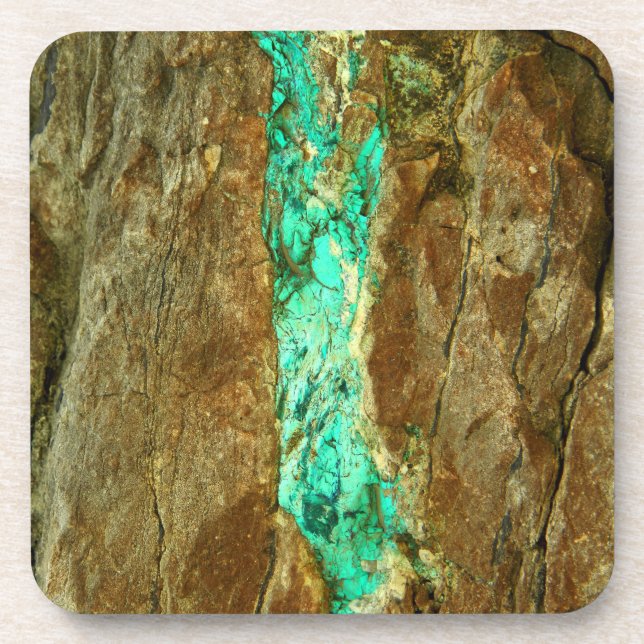 Natural turquoise vein in rough brown stone coaster (Front)