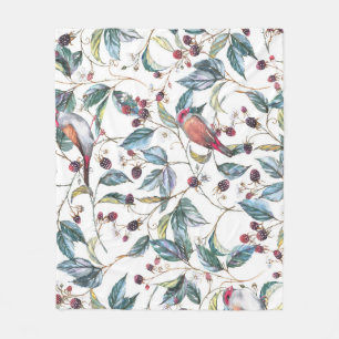 Natural watercolor pattern: blackberries, birds, f fleece blanket