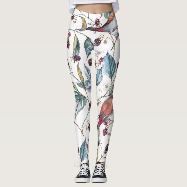 Natural watercolor pattern: blackberries, birds, f leggings (Front)