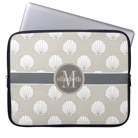 Natural | White Clamshells Seashells Monogram Laptop Sleeve