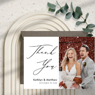 Natural White Elegant Script Modern Photo Wedding Thank You Card