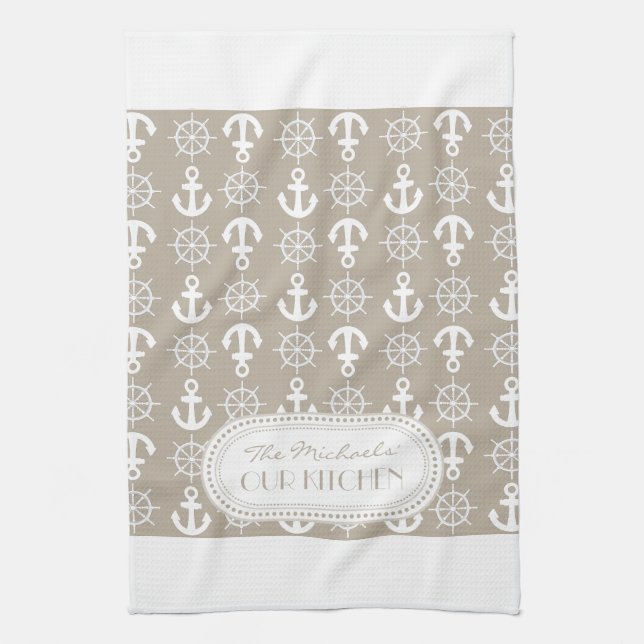 Natural | White Nautical Anchors Wheels Monogram Tea Towel (Vertical)