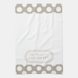 Natural   White Polka Dots Pattern Monogram Tea Towel