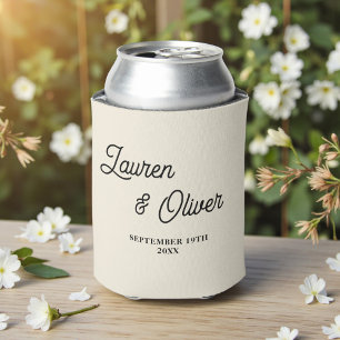 Natural White Script Minimalist Wedding Can Cooler