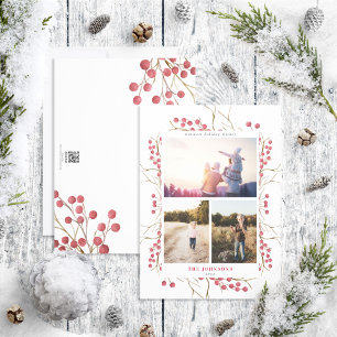 Natural Winter Red Berry 3 Photo Holiday Card