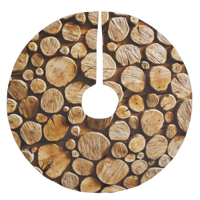 Natural Wood: Close-up Log Texture Brushed Polyester Tree Skirt (Front)