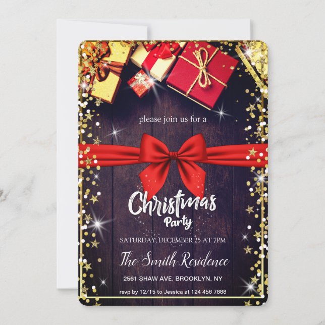Natural Wood, Gifts Diamonds Stars Christmas Invitation (Front)