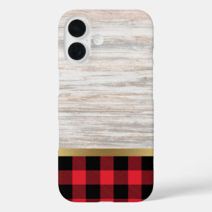 Natural Wood Gold Stripe Buffalo Plaid iPhone 16 Case