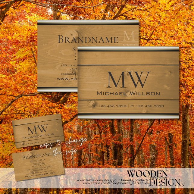 Natural Wood Grain Rustic Wooden Boards Monogram Business Card (Creator Uploaded)