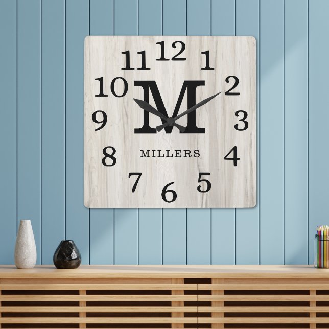 Natural Wood Large Numbers Family Name Monogram   Square Wall Clock (Creator Uploaded)
