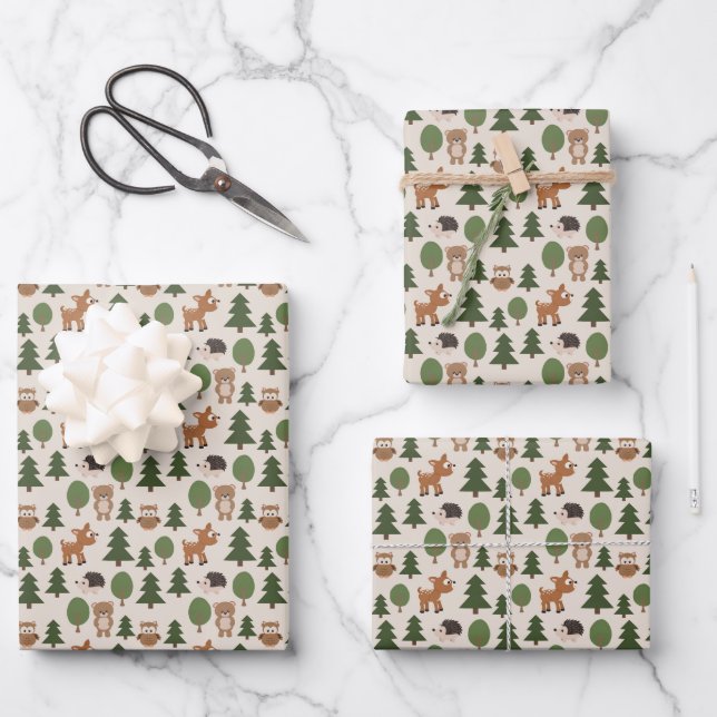 Natural Woodland Friends Baby Animals Trees Wrapping Paper Sheet (Front)