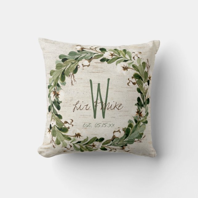 Natural Wreath Monogram Names Wedding Keepsake Cushion (Front)