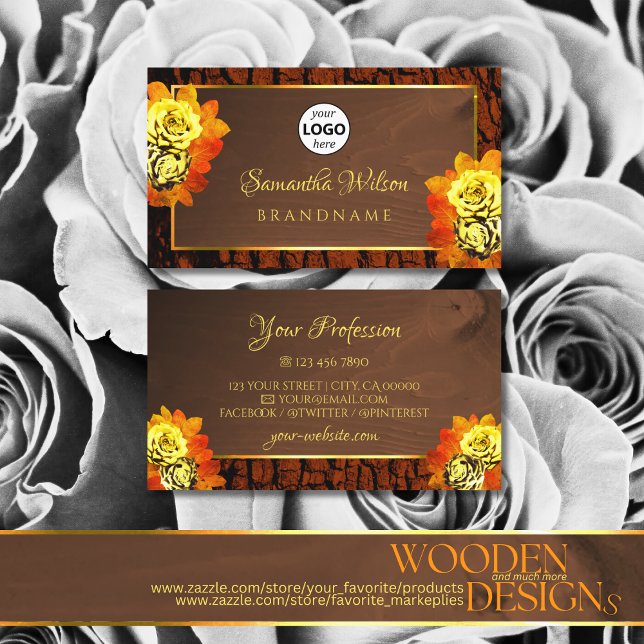 Natural Yellow Blooming Roses Wood Tree Bark Logo Business Card (Creator Uploaded)