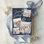 Naturally Joyful | Christmas Photo Collage Foil Holiday Card<br><div class="desc">Our beautiful rustic chic holiday photo card features four of your favourite square family photos in a collage layout. "Season's Greetings" appears at the top in hand lettered silver foil script typography on a navy background accented with icy blue watercolor botanical foliage for a beautiful nature-inspired look. Customise with your...</div>