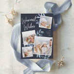 Naturally Joyful | Christmas Photo Collage Foil Holiday Card<br><div class="desc">Our beautiful rustic chic holiday photo card features four of your favourite square family photos in a collage layout. "Warmest Wishes" appears at the top in hand lettered silver foil script typography on a navy background accented with icy blue watercolor botanical foliage for a beautiful nature-inspired look. Customise with your...</div>