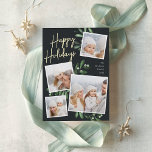 Naturally Joyful | Christmas Photo Collage Foil Holiday Card<br><div class="desc">Our beautiful rustic chic holiday photo card features four of your favourite square family photos in a collage layout. "Happy Holidays" appears at the top in hand lettered gold foil script typography on a soft off-black background accented with lush dark green watercolor botanical foliage for a beautiful nature-inspired look. Customise...</div>