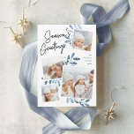 Naturally Joyful | Christmas Photo Collage Holiday Card<br><div class="desc">Our beautiful rustic chic holiday photo card features four of your favourite square family photos in a collage layout. "Season's Greetings" appears at the top in hand lettered script typography on a white chalkboard background accented with icy blue watercolor botanical foliage for a beautiful nature-inspired look. Customise with your family...</div>