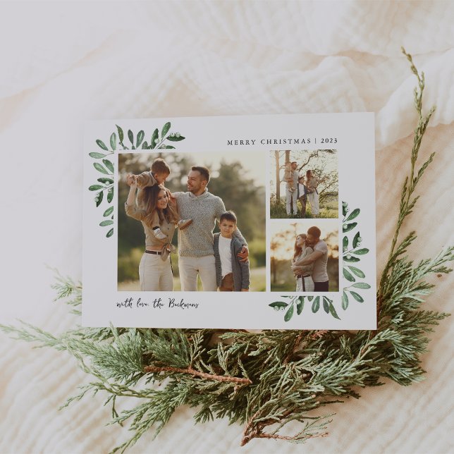 Naturally Joyful | Elegant Watercolor 3 Photo Holiday Card (Creator Uploaded)