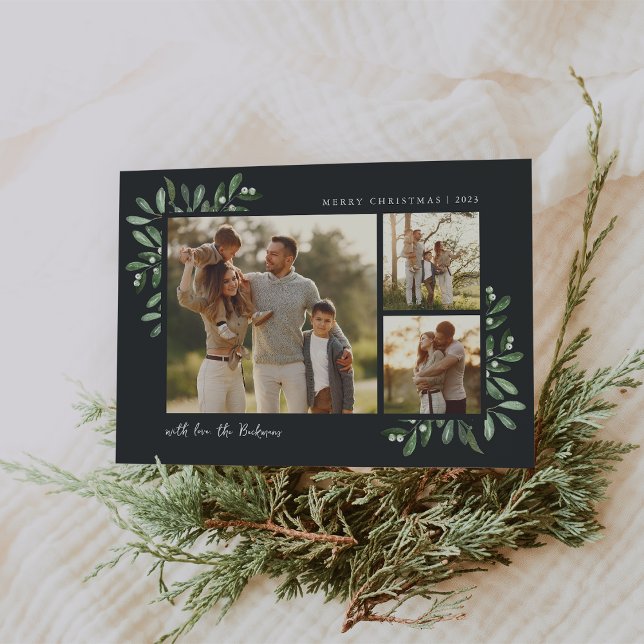 Naturally Joyful | Elegant Watercolor 3 Photo Holiday Card (Creator Uploaded)