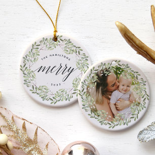 Naturally Joyful Very Merry Personalised Photo Ceramic Ornament