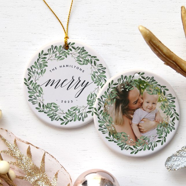 Naturally Joyful | Very Merry Personalized Photo Ceramic Ornament (Creator Uploaded)