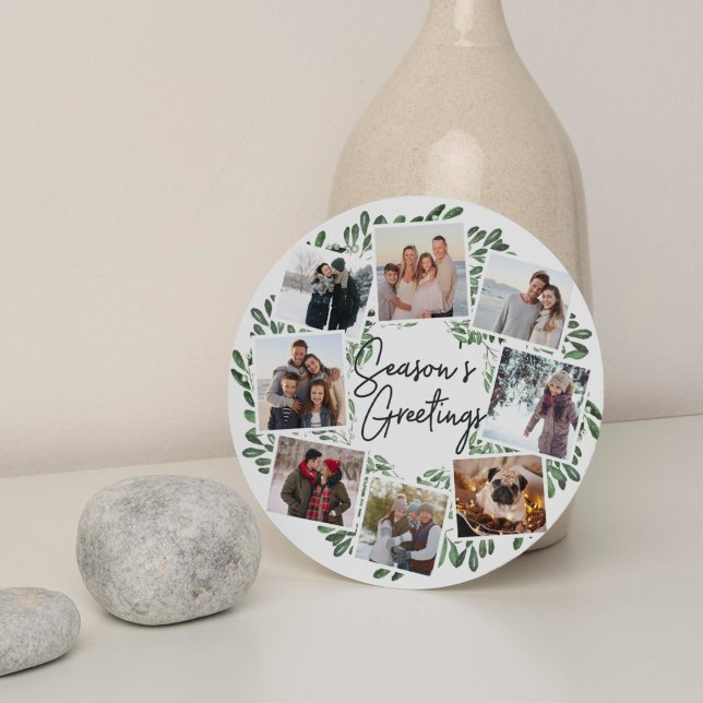Naturally Joyful Watercolor Round Photo Collage Holiday Card (Creator Uploaded)