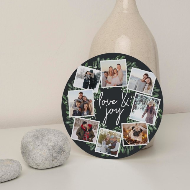 Naturally Joyful Watercolor Round Photo Collage Holiday Card (Creator Uploaded)