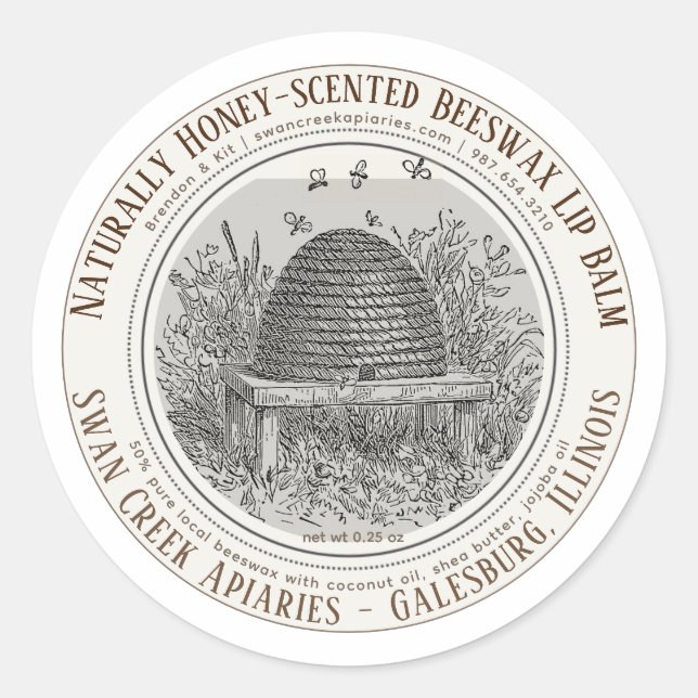 Naturally Scented Beeswax Lip Balm Skep and Bees Classic Round Sticker (Front)