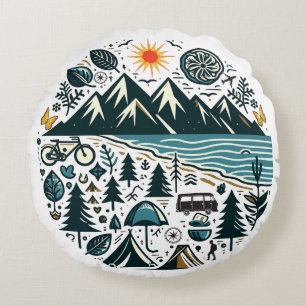 Nature Adventure Camping Travel Exploration Round Cushion