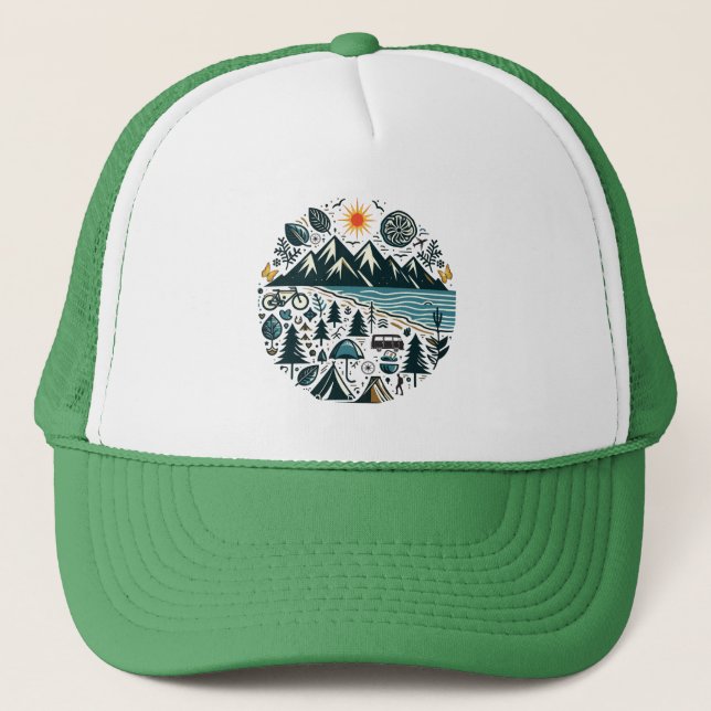 Nature Adventure Camping Travel Exploration Trucker Hat (Front)