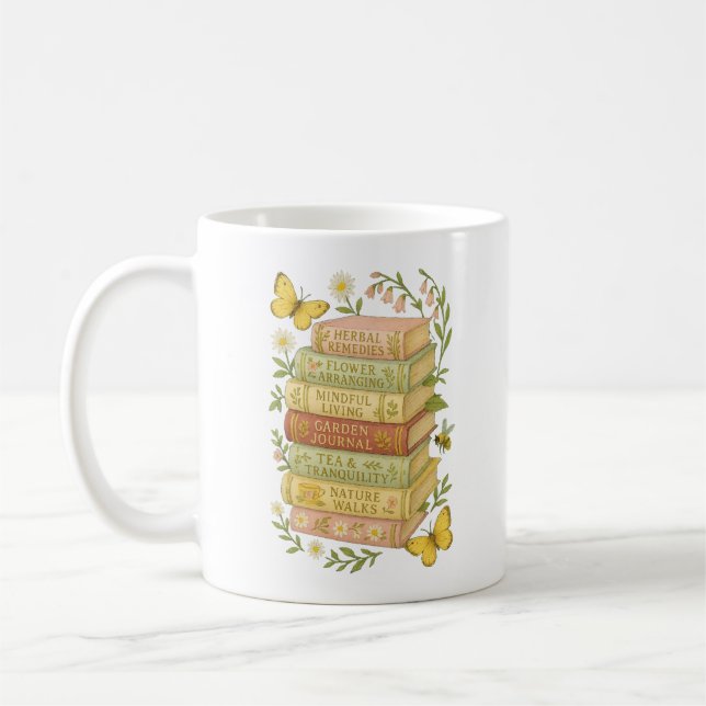 Nature and Book Lover Botanical Stack Coffee Mug (Left)