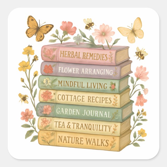 Nature and Book Lover Botanical Stack Square Sticker (Front)