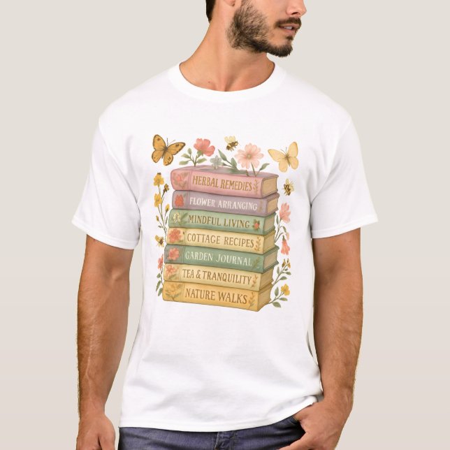 Nature and Book Lover Botanical Stack T-Shirt (Front)