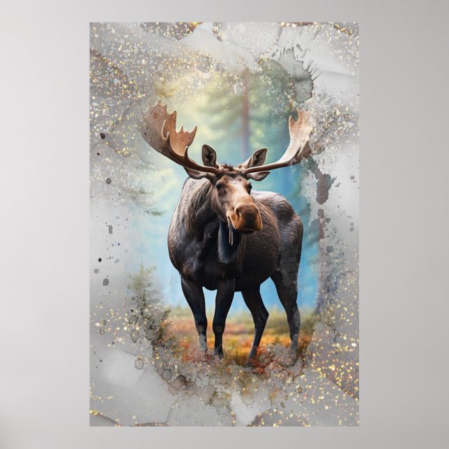 *~* Nature AP49 MOOSE Artsy Forest Gold Glitter Poster (Front)