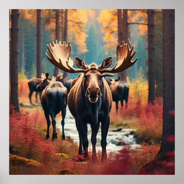 *~* Nature AP49 MOOSE Forest  PINES STREAM Poster (Front)