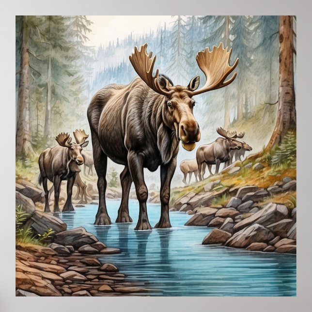 *~* Nature AP49 MOOSE HERD Forest STREAM Poster (Front)