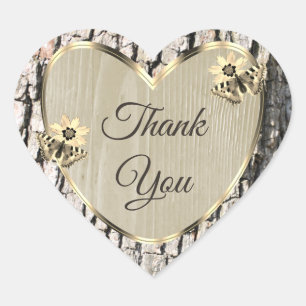 Nature Beige Tree Bark Gold Frame Thank You Heart Sticker
