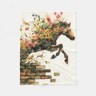 Nature Botanical Floral Horse Jumping Fleece Blanket