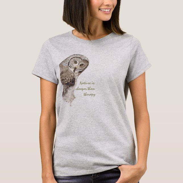 "Nature Cheaper than therapy" Humour Watercolor Ow T-Shirt (Front)