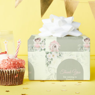 Nature Cute Flower Fairy 1st Birthday Button Wrapping Paper