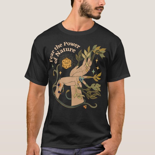 Nature Druid Dnd Dice Botanical Hands And Stars Fe T-Shirt (Front)