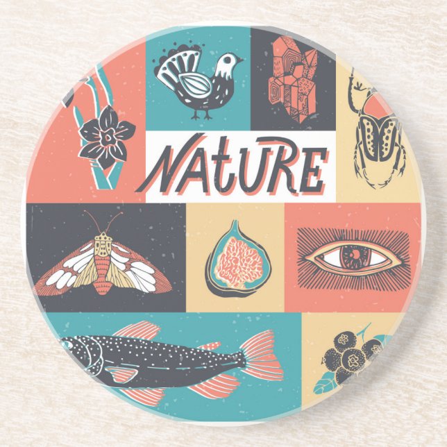 Nature Elements, Retro Style Icons. Coaster (Front)