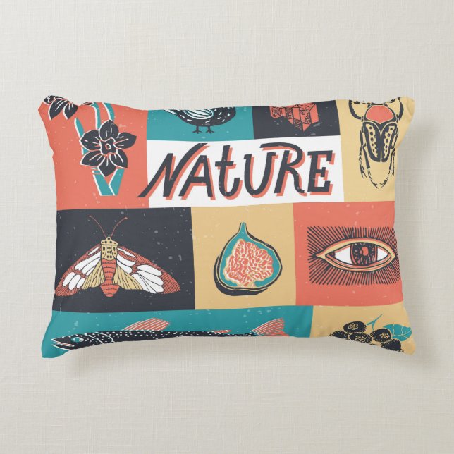 Nature Elements, Retro Style Icons. Decorative Cushion (Front)