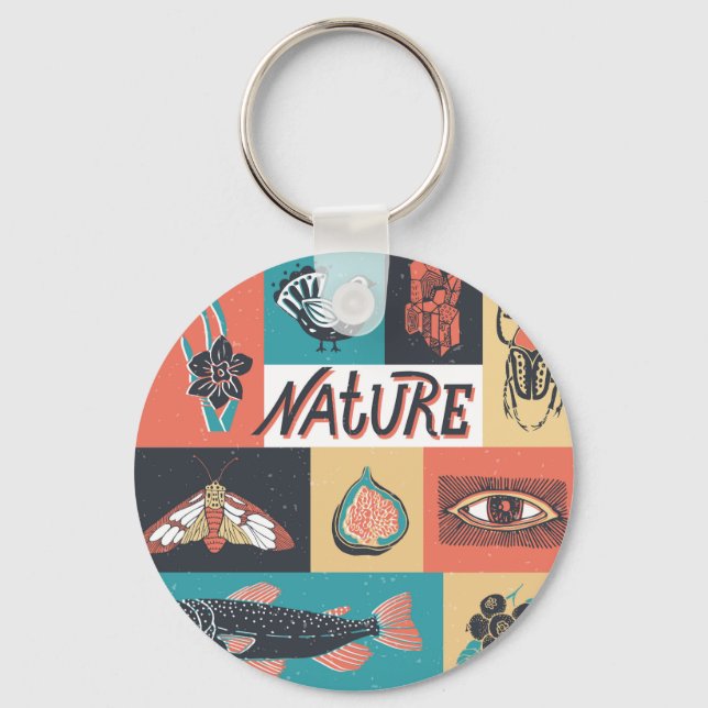 Nature Elements, Retro Style Icons. Key Ring (Front)