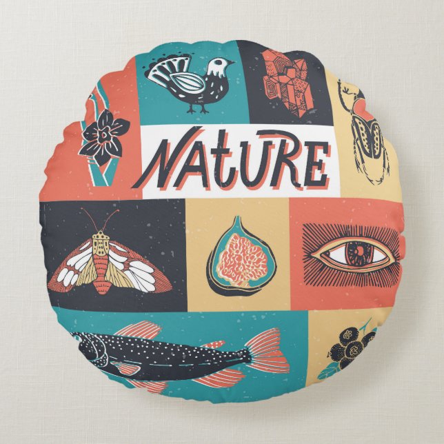 Nature Elements, Retro Style Icons. Round Cushion (Front)