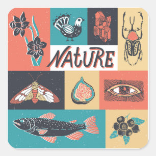 Nature Elements, Retro Style Icons. Square Sticker